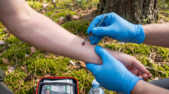 Person using tweezers to remove a dangerous tick from the arm of a man in the forest. First aid procedure for parasite bite. Disease prevention from insect sting and medical care.
