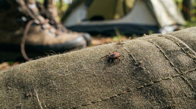 Tick crawling on clothing during camping trip. Small parasite carrier of dangerous infection and disease in nature. Warning about insect bite risks, health safety, outdoor activity hazard.