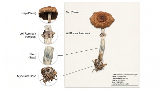 mushroom parts fungi anatomy cap pileus veil remnant annulus stem stipe mycelium base mushroom structure fungal identification mushroom morphology pileus stipe mycelium