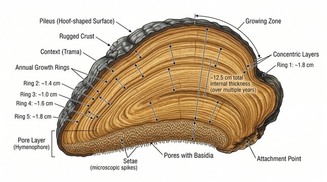 fungal growth organic layers tree fungus growth patterns annual rings pore layer microscopic spikes basidia fungal structure concentric layers fungal anatomy mycology