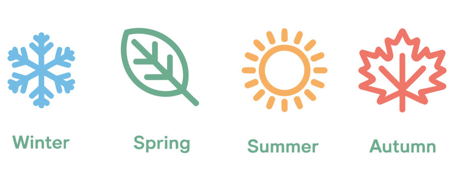 Four seasons icons set featuring winter snowflake spring leaf summer sun and autumn maple leaf.