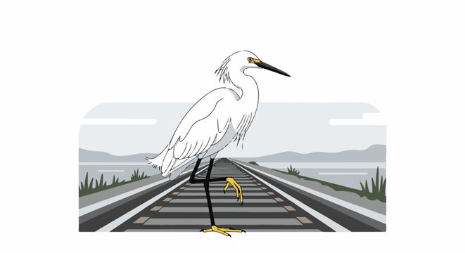 White egret stands on railroad tracks beside a lake with mountains in background