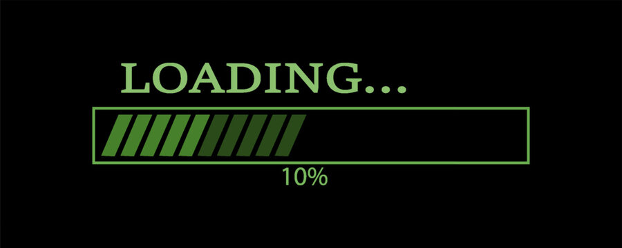 Vector illustration of a green loading bar isolated on a black background for websites and graphic resources. 10% loaded bar.