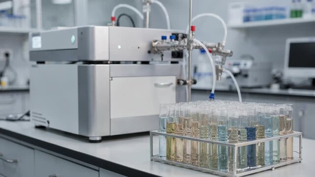 Medium shot of a chromatography system measuring polymer molecular weight distribution with sample tubes arranged neatly for precise process control analysis