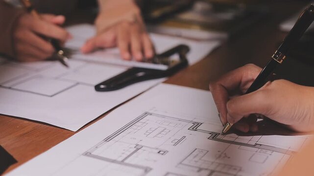 professional architect designer structural engineer team colleagues working office looking computer discussing building plan design project.