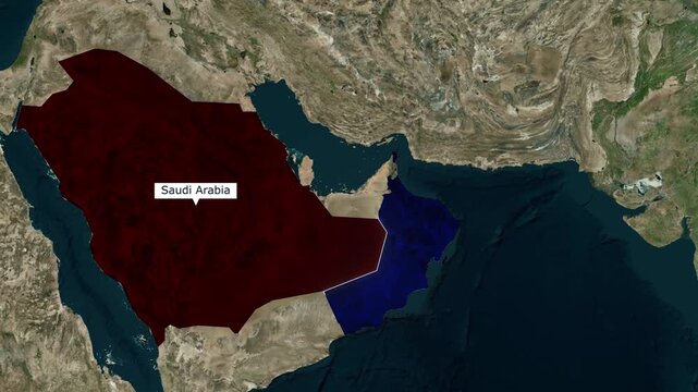 High altitude satellite animation highlighting Saudi Arabia and Oman territories across the Arabian Peninsula