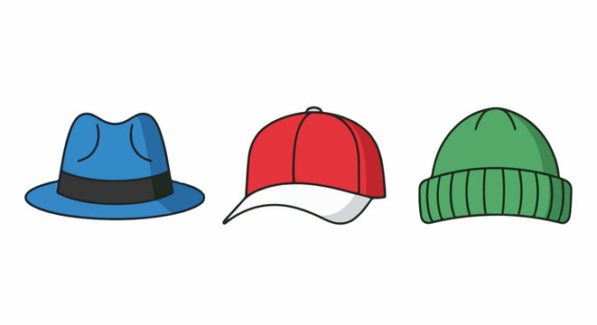 Three colorful caps blue fedora, red baseball, green beanie