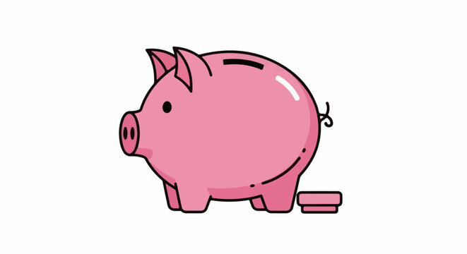 Pink cartoon piggy bank with a slot and a coin by its side on white
