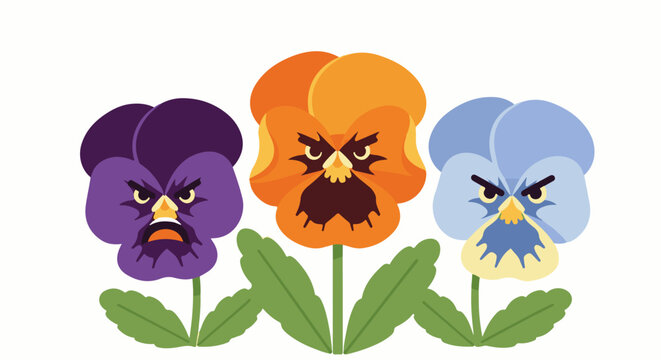 Three colorful pansy flowers with angry faces on white background