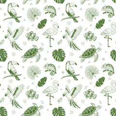 Obraz premium Whimsical hand drawn tropical doodle animal seamless pattern with toucan, parrot, chameleon, flamingo, sea turtle and tropical fish in playful minimal flat style