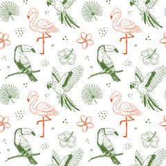 Obraz premium Whimsical hand drawn tropical birds and flowers seamless pattern with flamingo, toucan, parrot, plumeria and hibiscus in playful minimal flat style