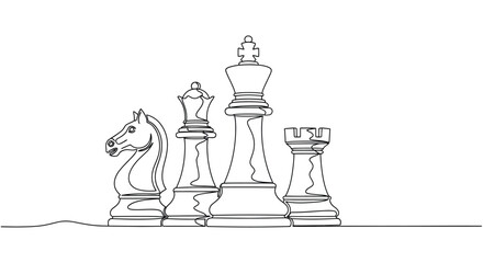 Continuous line art of chess pieces including king and queen © Line Galaxy