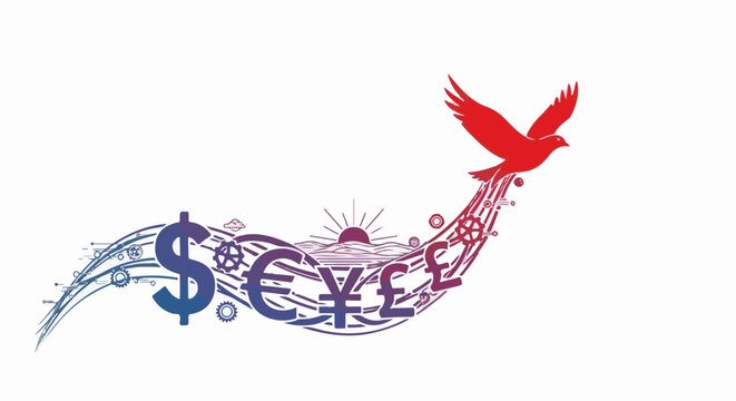 Red bird soars above abstract monetary symbols and gears against sky