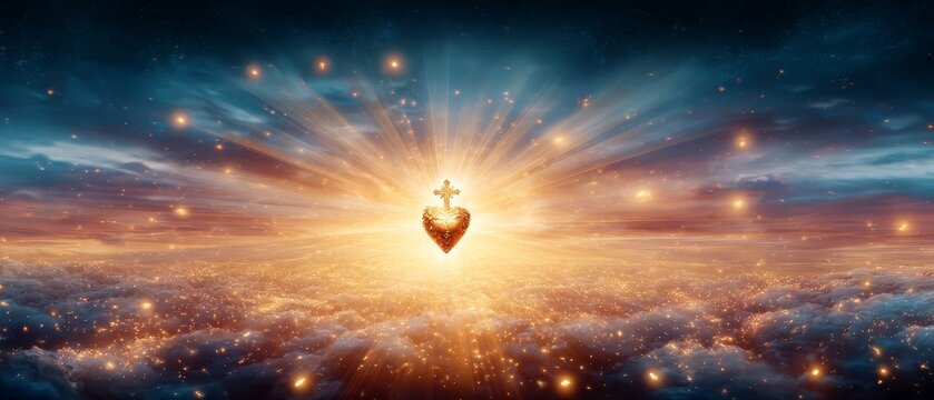 Divine light reveals sacred heart heavenly skies digital art ethereal environment uplifting viewpoint