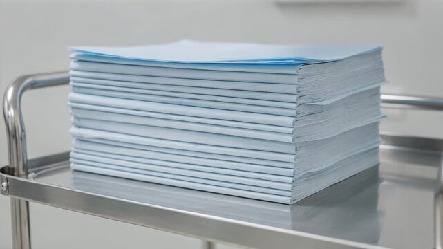 Medium shot capturing precut paper hospital bed covers neatly stacked and ready for use on a sterile hospital cart