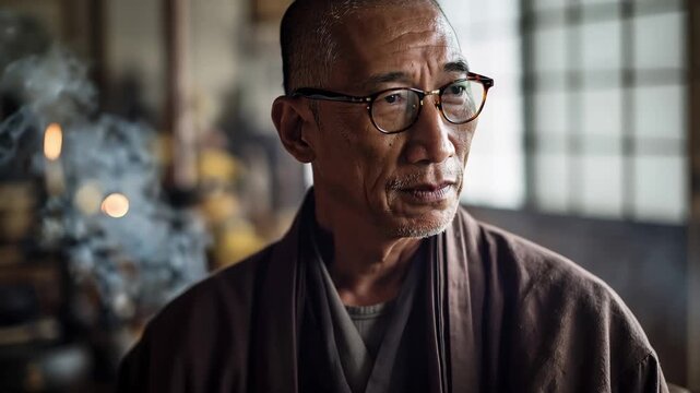 Portrait of a Buddhist monk standing near a temple in the mountains while reflecting on his daily practices and teachings at sunrise