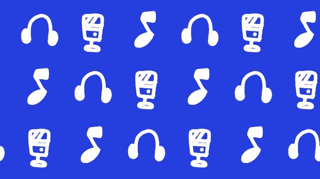 Seamless pattern of hand-drawn music notes, headphones, and retro microphones on a blue background animation. Audio podcasting wallpaper and sound streaming line art.