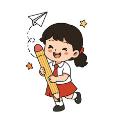 Happy schoolgirl holding giant pencil and flying paper airplane