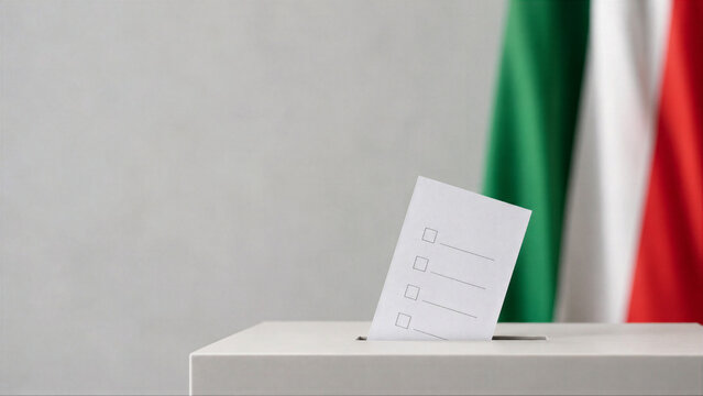 Ballot being inserted into box during election in Italy. Citizen casting vote for representative. Democracy, government policy, parliamentary event, and civic duty concept.