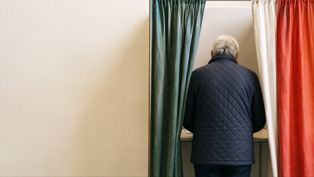 Senior man voting in election at polling station. Man standing in Italian ballot booth with green white and red curtain. Civic duty and democracy in Italy, individual political choice.