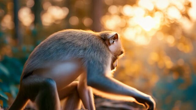Crab-eating macaque in its natural habitat, showcasing wildlife behavior, curiosity, and biodiversity in a tropical environment with lush surroundings and natural beauty.