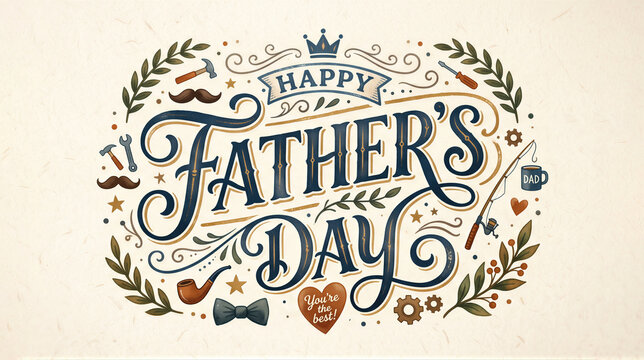 Happy Fathers Day hand drawn typography greeting card design. Decorative lettering with fishing rod, mustache, pipe, and tools illustration. Celebration banner for beloved dad, father.