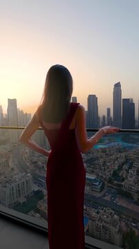 Rear view of a beautiful woman in a red dress looking from her balcony at the urban skyline of Downtown Dubai, UAE, during sunset time