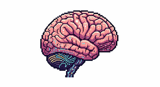 Pixelated brain with digital circuits and glowing nodes