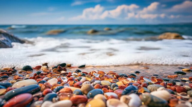 Colorful pebble beach with white foamy waves under a bright blue sky, creating a vibrant summer background filled with coastal beauty, relaxation, and vacation vibes.