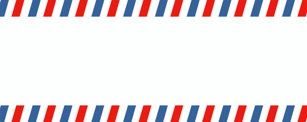 Fototapeta premium Airmail envelope frame with blue and red stripes on white background. International vintage letter border. Retro air mail postcard.