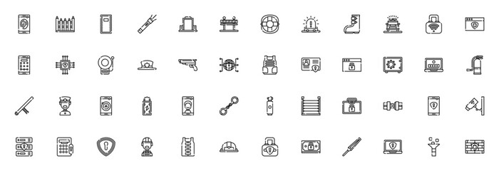 Protection & Security icon set. Minimal thin line web icons set. Vector illustration. Featuring fingerprint, security, shield, police car, antivirus, handcuffs, firewall and more. © wang