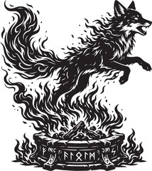 Obraz premium Mythical Black Fox Emerging from Flames in Dark Gothic Style Illustration,Generative AI
