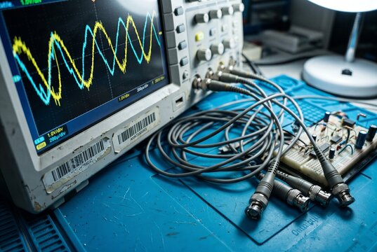 Digital oscilloscope displaying yellow and blue waveform signals next to tangled cables and a circuit breadboard