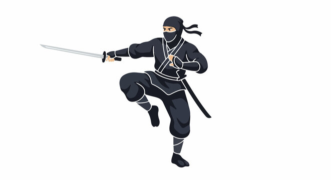 Pixelated ninja warrior in black holding a sword in a dynamic pose