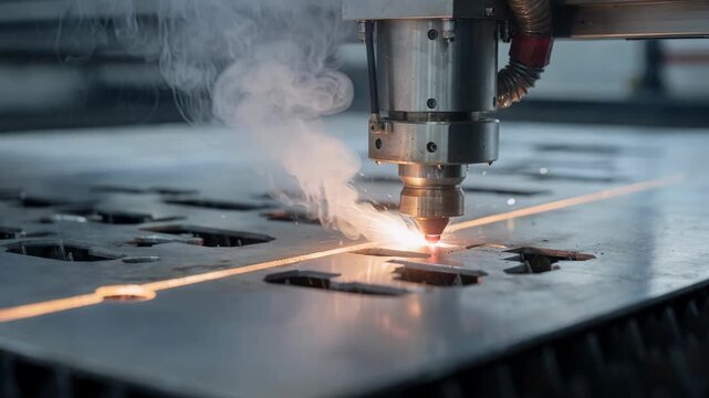 Close view of fume extraction system active as CNC laser precisely cuts blade shapes into flat steel sheet on hightech cutting table