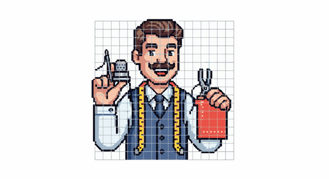 Pixelated tailor with measuring tape, thimble, and scissors