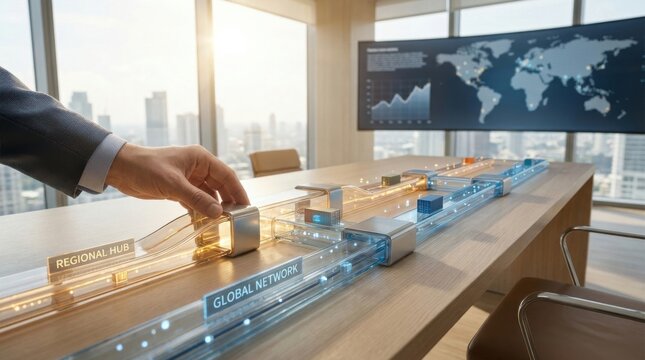 A person's hand placing a detailed model of a city on a table representing supply chain realignment concept