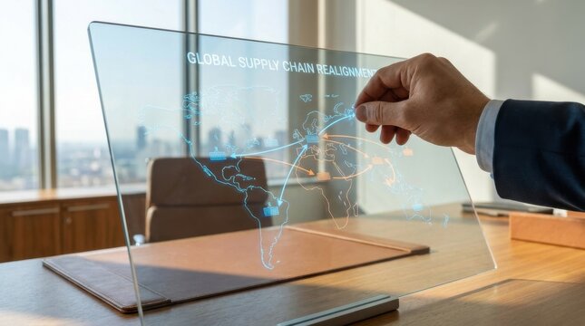 Person holding a transparent glass tablet demonstrating innovative supply chain realignment and digital technology concepts