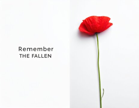 Bright red poppy with a long green stem is prominently displayed on a clean white background, representing remembrance and honoring the fallen