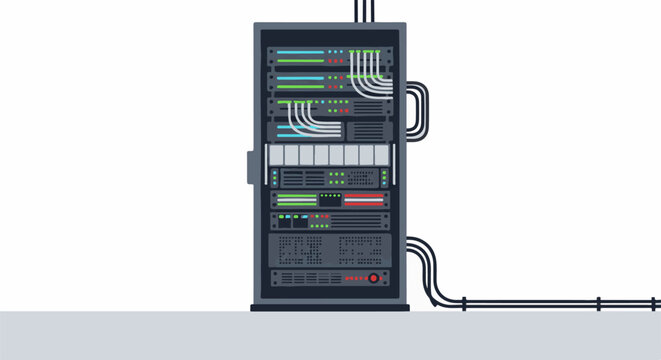 Server rack with cables, data center equipment