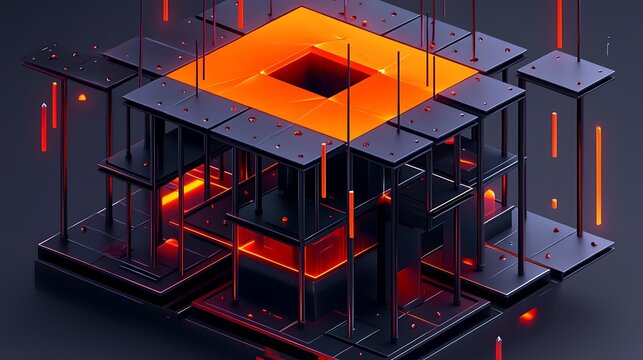 Contemporary modular structure with glowing orange interior futuristic design concept with metallic framework and neon lights