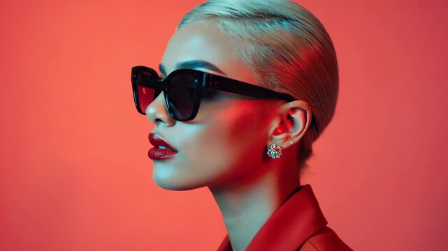 Editorial portrait of a stylish woman wearing dramatic sunglasses and vibrant makeup against a modern solid red backdrop, emphasizing fashion and confidence
