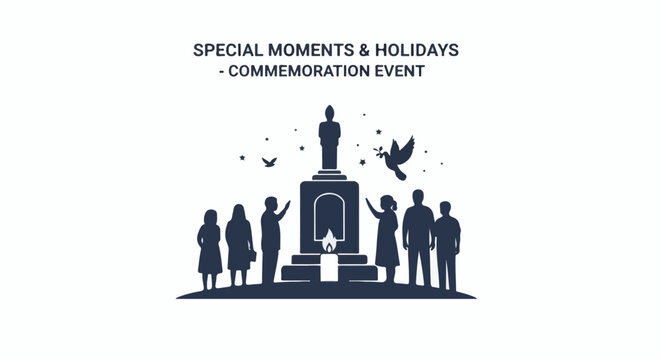People gather at a monument with a candle and doves, commemorating an event