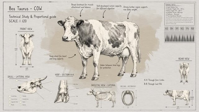 Hand-Drawn Anatomical Study and Technical Proportional Guide of a Cow