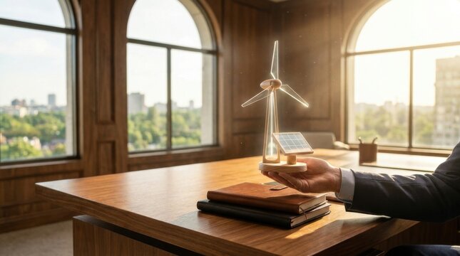 A man holding a large wind turbine model as an example of renewable energy and sustainable technology innovations