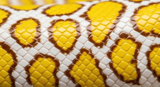 Macro texture of albino python snake skin with yellow, white, and brown scales pattern, detailed background of reptile scales close up.