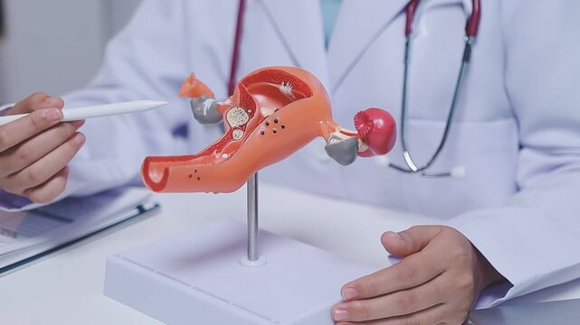 Doctor holding human uterus model for vaginal and cervix pap smear check up in the obstetrics and gynecology.