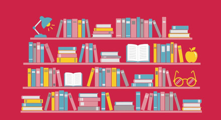 Colorful Bookshelf Illustration with Reading Accessories © Theodore Sebastian R