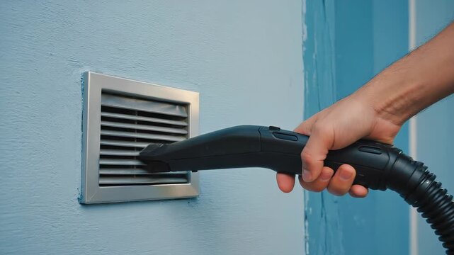 Hand cleaning a wall air vent grille with a specialized handheld vacuum cleaner tool in a light blue interior setting