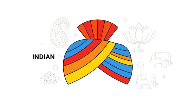 Colorful Indian Turban Illustration with Cultural Icons